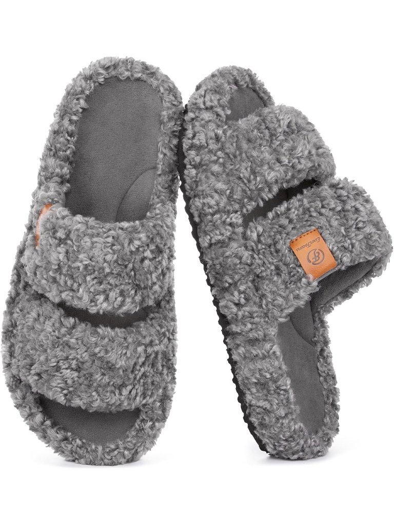 Women's Cool Grey Fuzzy Open Toe Soft Comfy Memory Foam Indoor Slippers